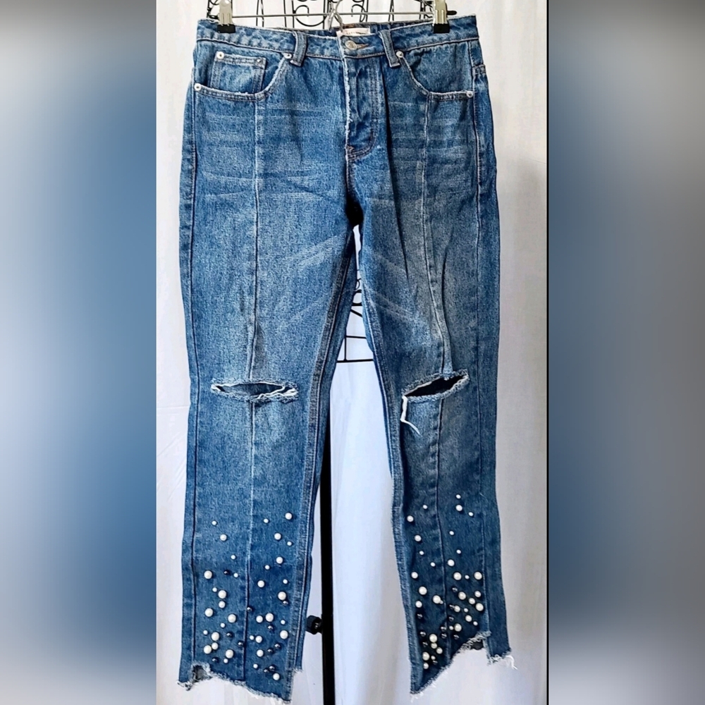 Sunset & Spring Women's Blue Distressed Jeans with Pearl Detailing